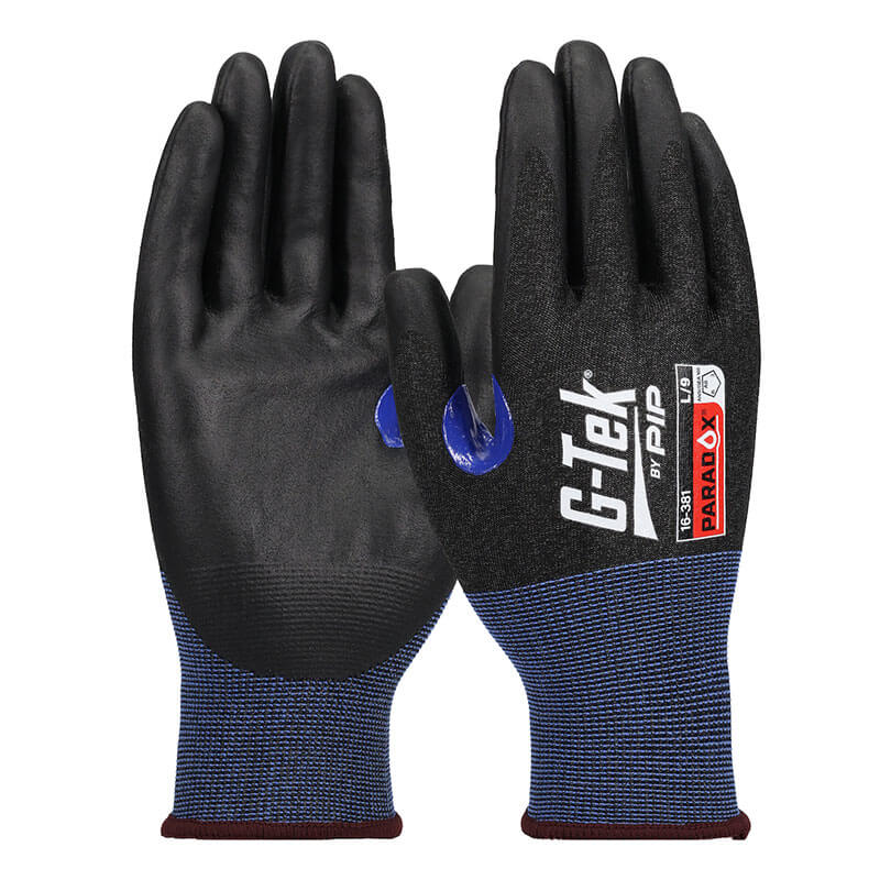 A pair of PIP G-Tek Paradox PolyKor A8 gloves (16-381), black and blue with textured palms and white PIP branding on the back, shown upright—one displaying the palm, the other the back.