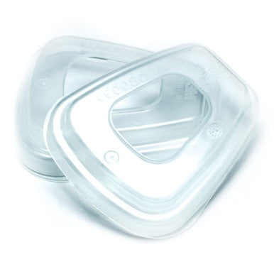 Two 3M 501 Filter Retainers, made from transparent plastic, are designed to hold a 3M particulate filter. They have a triangular shape with rounded corners and an open center, ensuring they meet NIOSH standards for effective air filtration.