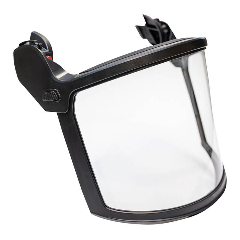 Introducing the PIP Traverse Clear Polycarbonate Face Shield Set 251-HP1491PFS, featuring a sleek black frame and an adjustable strap. This face shield by PIP includes a transparent visor that complies with ANSI Z87.1+ standards, providing both reliable protection and excellent visibility while covering the face.