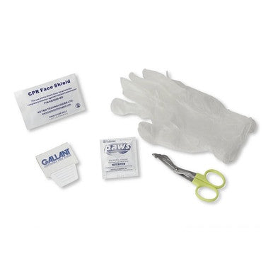 The medical emergency kit from PK Safety Supply includes Real CPR Help items such as a CPR face shield, a pair of white disposable gloves, packets labeled "PAWS" and "GALLANT," and a small pair of green-handled scissors.
