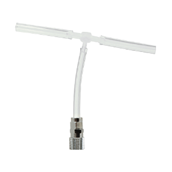 The RKI Instruments T Fitting Adapter 17-4430RK-01 is a transparent Y-shaped connector with a metallic fitting at the bottom, designed for seamless fluid or gas flow through connected tubes. It is ideal for integrating with systems like the GX-2012 5-Gas Monitor.