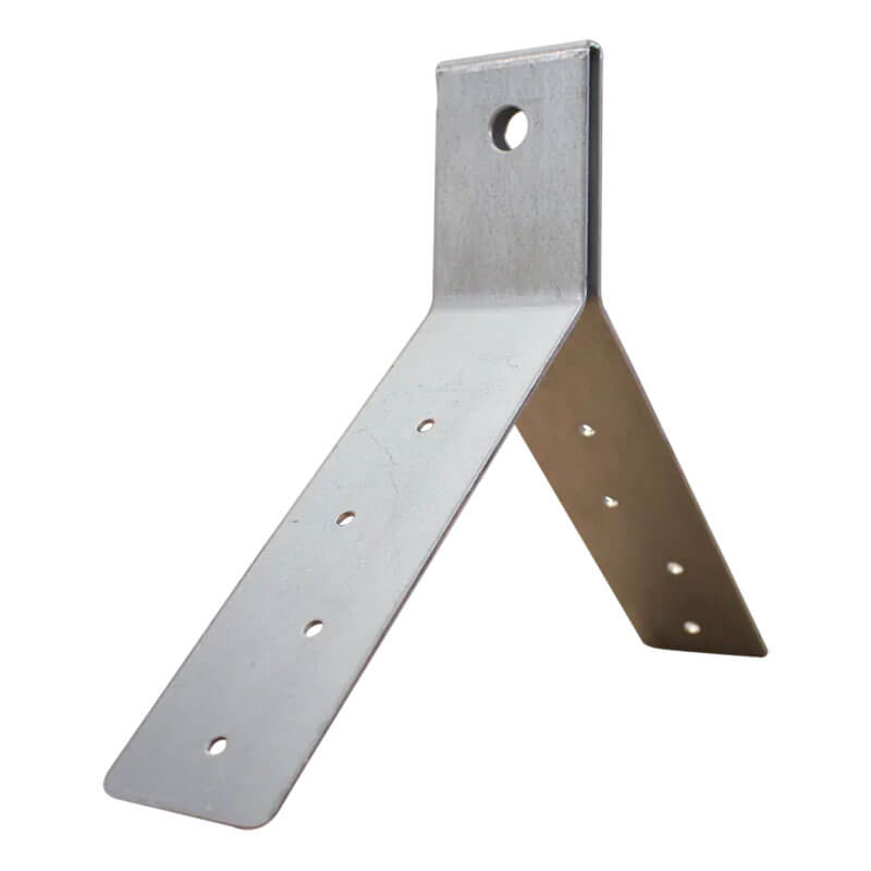 The French Creek Disposable Bracket Roof Anchor 1720 by French Creek Production is an L-shaped metal anchor with a large hole in the vertical section and two angled arms with smaller fastener holes, designed for secure temporary roof fall protection.