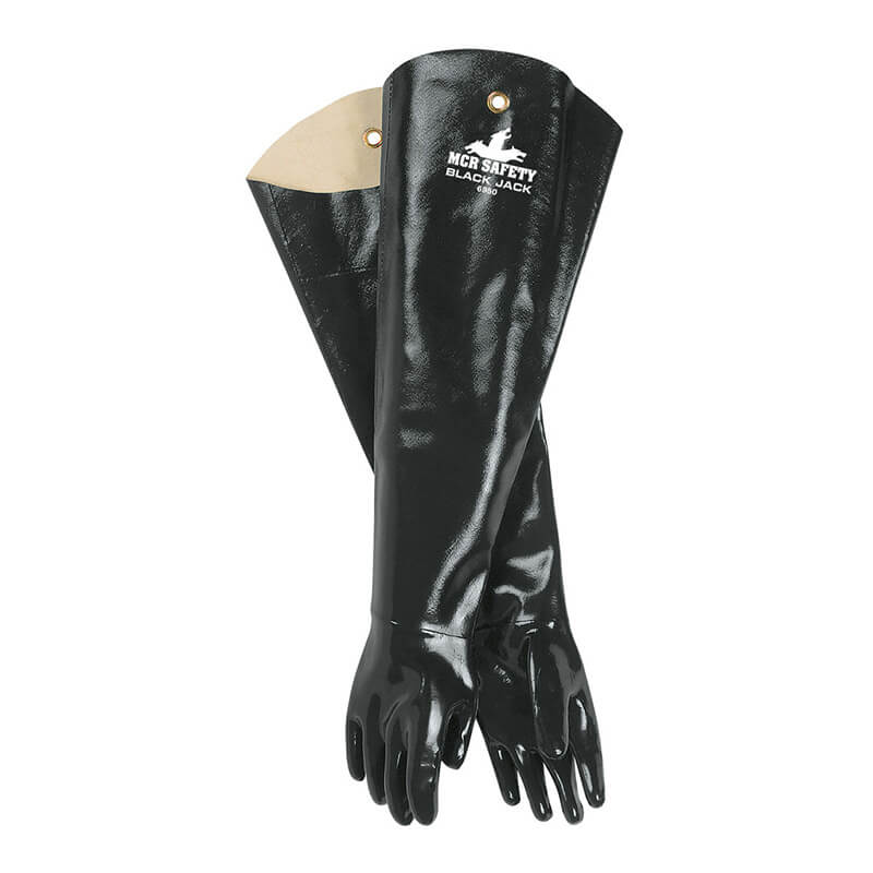 A pair of MCR Safety Memphis Black Jack Shoulder Length Gloves 6950 are crossed over each other, showcasing long black rubber with flared cuffs. One glove is turned inside out at the cuff, revealing a beige interior.