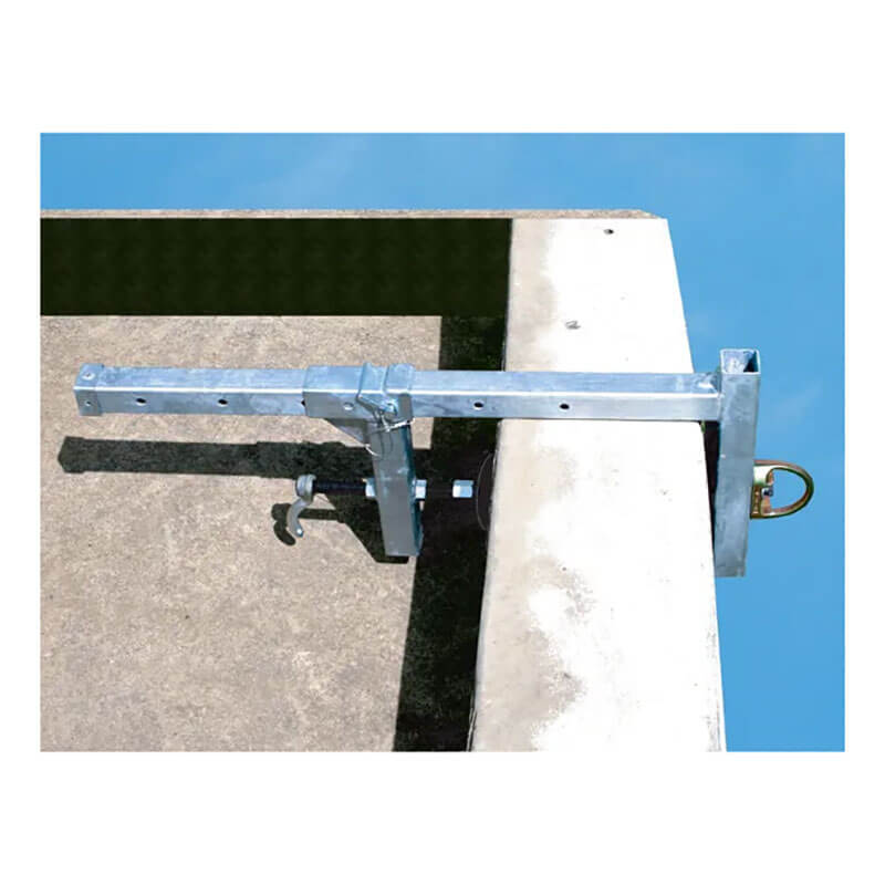 The French Creek Parapet Wall Anchor 1789 by French Creek Production attaches to concrete edges, extends horizontally with a locking mechanism and multiple adjustment holes, offering reliable fall protection under a clear blue sky.