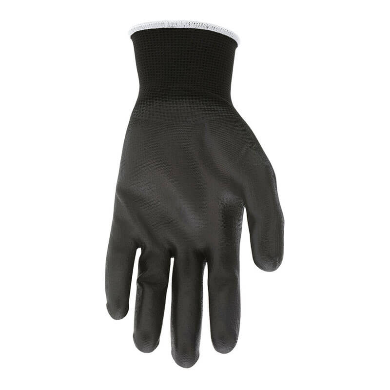 The MCR Safety NXG Polyurethane Coated Work Glove 9669 features a black 13-gauge nylon shell, textured polyurethane grip, and white elastic cuff for dependable industrial hand protection. Shown against a plain white background.