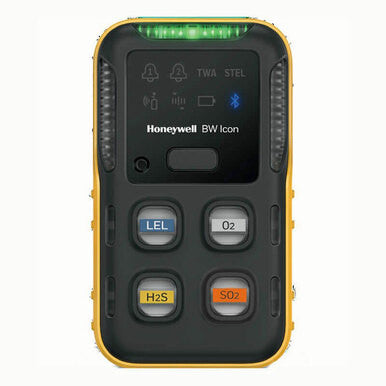 The Honeywell BW Icon 4-Gas Detector (ICON-Y-S) from BW Technologies features a sleek black and orange design with four buttons for LEL, O2, H2S, and SO2. It includes Bluetooth connectivity and lights for alarms, TWA, and STEL indicators.