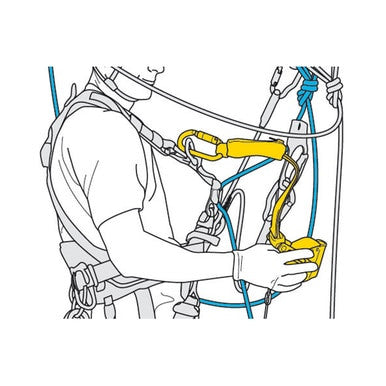 An illustration depicts a person using climbing equipment featuring the Petzl ASAP LOCK B071BA00 by PETZL, along with a harness in blue and yellow. The individual is diligently adjusting their fall protection gear, ensuring all safety ropes and securing devices are prepared for the climbing activity.