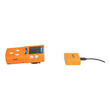 An orange AimSafety device with a screen and buttons is on the left, while on the right is a smaller orange rectangular accessory, possibly the AimSafety PM100/400 PC Communications Cable PM-LINK for charging or data logging.