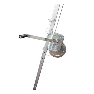 Close-up of the French Creek 50ft Galvanized Winch MW50G by PK Safety Supply, mounted on a metal pole. The winch includes a crank handle and gear mechanism, featuring multiple holes for adjustable positioning. The setup is displayed in a neutral setting with a white background.