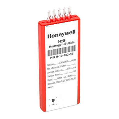 The BW Technologies Honeywell Hydrogen Sulfide 100 - 2,000 ppmv Tubes H-10-103-30 feature a red-bordered rectangular design with text specs and a barcode. They are perfect for precise gas detection, complemented by five top connectors for comprehensive hydrogen sulfide monitoring.