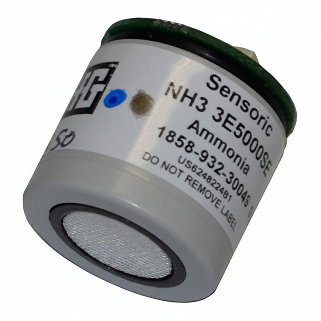 A cylindrical GfG NH3 Replacement Sensor (0 – 300 ppm, 1990735) with a mesh screen on one end and product details printed on the body, designed for workplace monitoring or as a replacement sensor for ammonia detection.