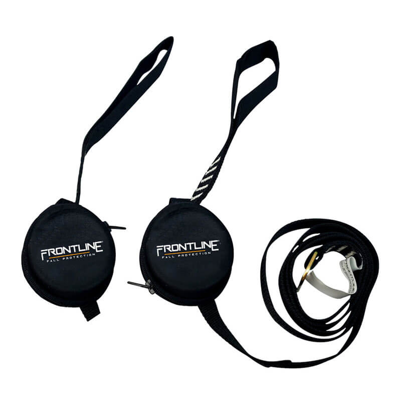A set of Frontline Universal Suspension Trauma Straps ACTR by Frontline Fall Protection, featuring black straps with retractable handles, zippered pouches, and harness safety features, displayed on a white background.