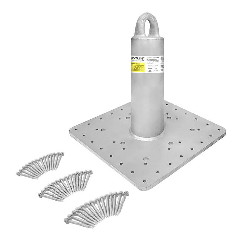 The Frontline Commercial Roof Anchor CAL-OSHA Compliant by Frontline Fall Protection features a square base with multiple holes, an attached vertical post with top loop, and includes three bundles of screws for secure fall arrest.