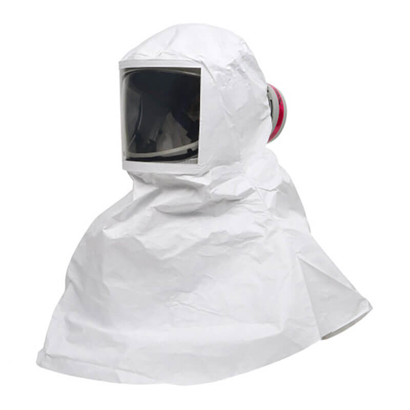 The PureFlo Disposable Tychem 2000 Over Hood PR02098, crafted by Pureflo, is a white protective hood akin to a PAPR helmet and constructed from robust Tychem 2000 material. It boasts a transparent face shield for enhanced safety, covers both the head and shoulders, and comes with a red filter attachment on the side.