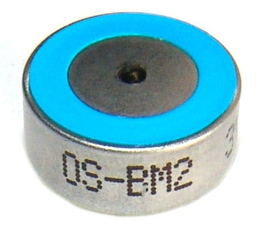 Close-up of a small metallic oxygen sensor from PK Safety Supply, featuring a blue inner ring and the markings "DS-EM2" on the side. The RKI Replacement Oxygen Sensor OS-BM2, typically employed in gas monitors, has a circular shape with a central hole.
