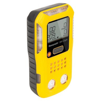 The BW Clip4 4-Gas Detector BWC4-Y-N, a yellow and black device from the brand BW, features a digital screen for displaying readings. It comes with two buttons and has visible sensors on the front, providing reliable multi-gas detection for enhanced safety.