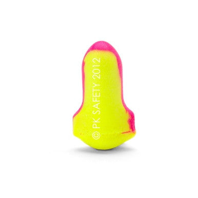This brightly colored Laser-Lite earplug features neon yellow and pink hues. The side reads "PK SAFETY 2012." Manufactured by Honeywell Safety under the Howard Leight brand, it provides effective hearing protection with a bulbous end and tapered tip for easy insertion into the ear.