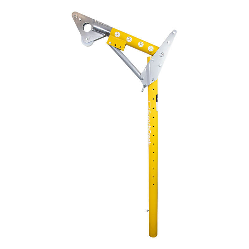 The French Creek Production Portable Davit System Mast Assembly PD1 is a yellow and silver metal roof anchor tool with adjustable holes and hinged brackets, designed for safety harness attachment or use in rescue and descent systems.