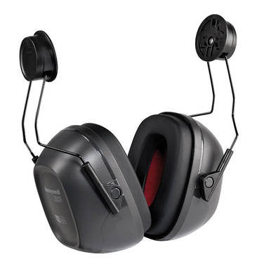 The Honeywell Safety VS130H VeriShield Helmet Earmuffs 1035124-VS offer superior hearing protection with noise-canceling technology, an adjustable headband, and cushioned ear cups. Featuring a sleek design with red inner padding accents, they are ideal for construction or industrial use.