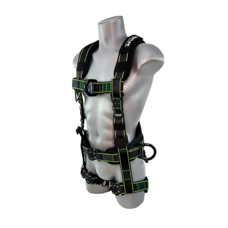 A silver mannequin torso wears the Frontline Elite Rescue Harness w/Aluminum Quick Connect by Frontline Fall Protection, a black full body harness with green stitching, aluminum quick connect buckles, and adjustable shoulder, chest, waist, and thigh straps.