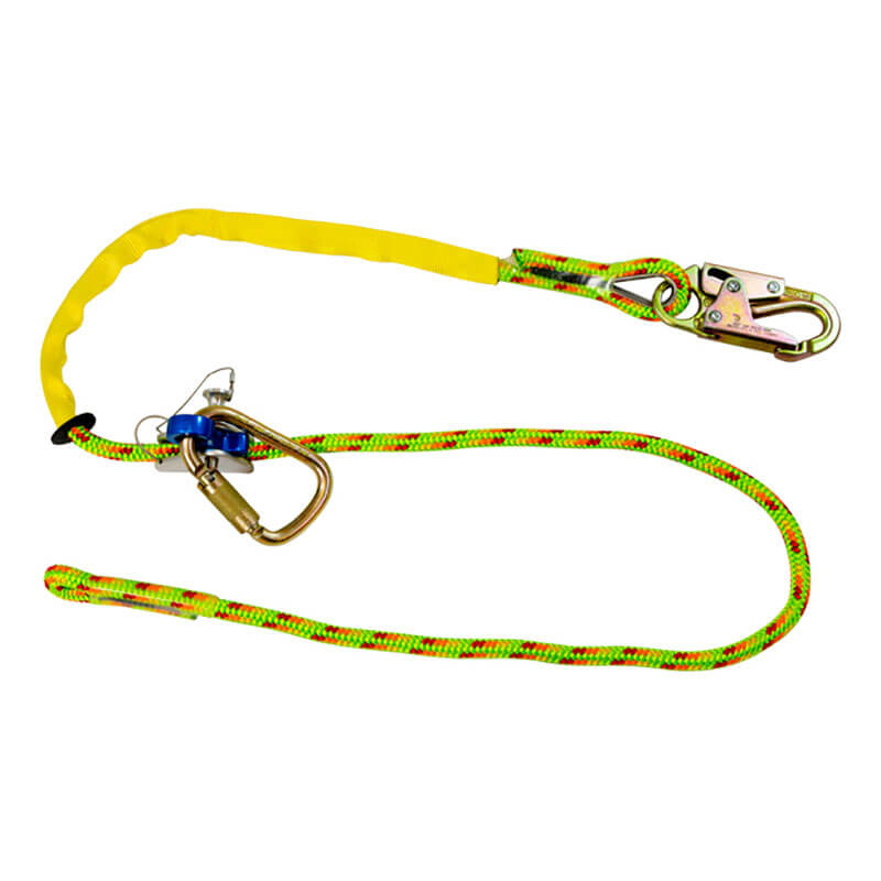 The French Creek Adjustable Rope Positioning Lanyard Green by French Creek Production features a multicolored rope with red, yellow, and green patterns, a yellow protective sleeve, a carabiner, and an attached snap hook for secure climbing or fall protection.