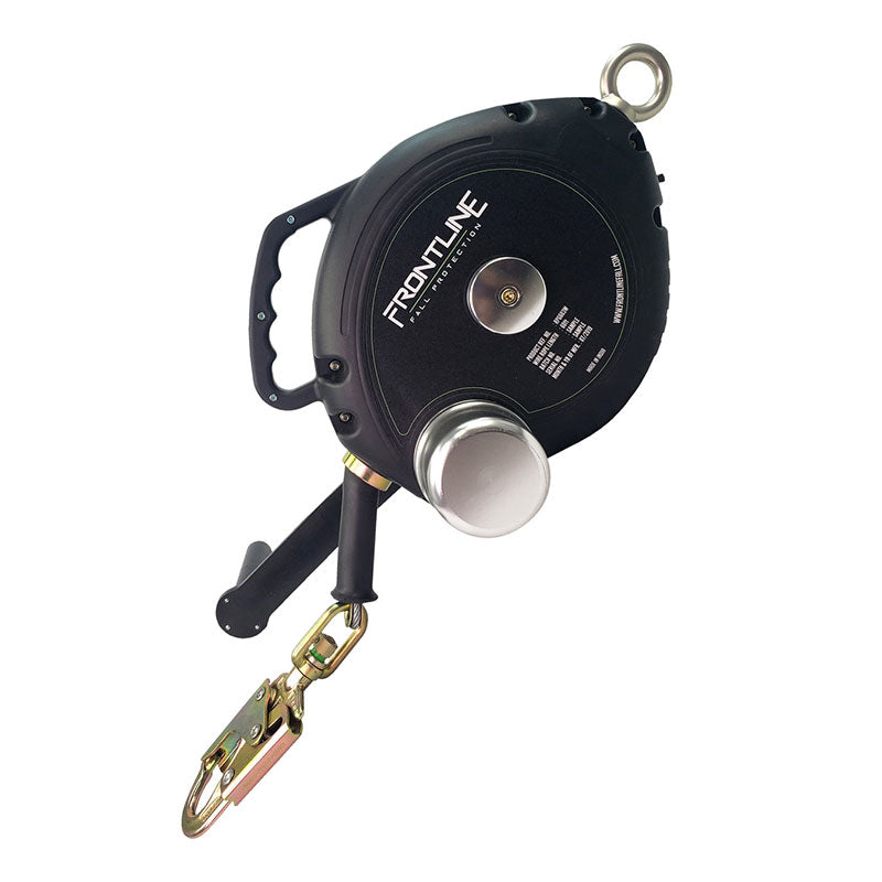 The Frontline MEGApod 60' 3-Way SRL with Retrieval System by Frontline Fall Protection is a black self-retractable lifeline for fall protection and confined spaces, featuring a handle, top metal eyelet, and gold-silver safety hook clip.
