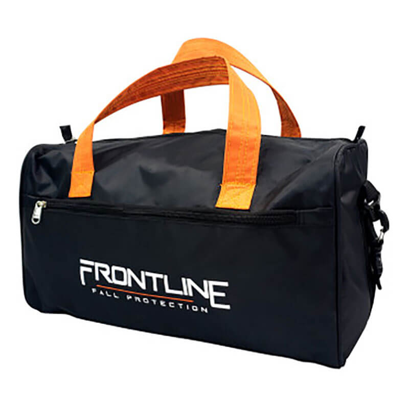 The Frontline Fall Protection Combat Complete Roofers Kit comes in a black duffel bag with orange handles and a side zipper pocket—ideal for carrying your safety harness or roof anchor.