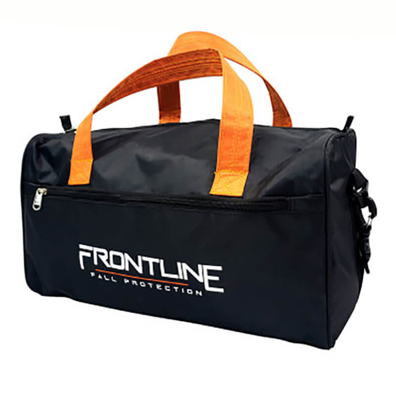 The Frontline Combat Plus Roofers Kit with 50' VLL RK050V50 by Frontline Fall Protection comes in a black duffel bag with orange handles, "FRONTLINE FALL PROTECTION" printed on the side, a front zipper pocket, and a rectangular shape for easy carrying.