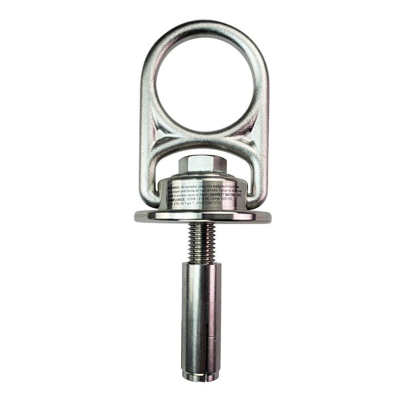 The Frontline Fall Protection MEGA Swivel 5K SS Concrete Anchor COM345K-SS features a stainless steel hexagonal base, large circular ring, threaded bolt, and 360° swivel for flexible and secure harness anchorage in industrial or construction sites.