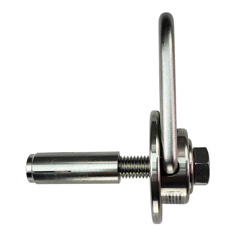 The Frontline MEGA Swivel 5K SS Concrete Anchor COM345K-SS by Frontline Fall Production features a stainless steel ring oriented upward, allowing 360° swivel, making it ideal for anchoring or securing objects.