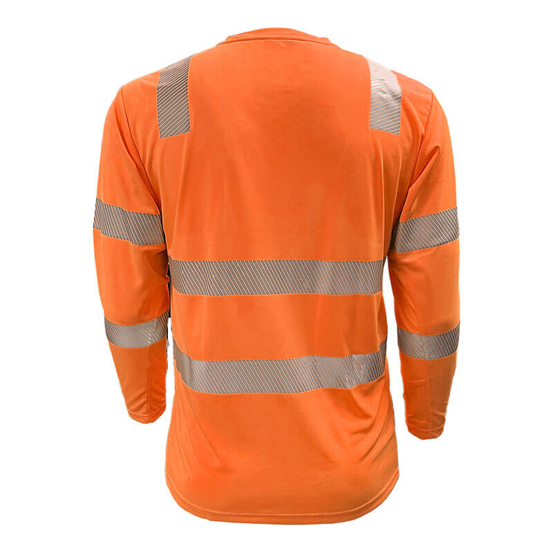 Back view of the PIP EcoChill Long Sleeve T-Shirt with Coolmax 204CMPS in bright orange by PIP, featuring horizontal and vertical reflective silver stripes. ANSI Type R Class 3 with UPF 50+ sun protection for torso and arms.