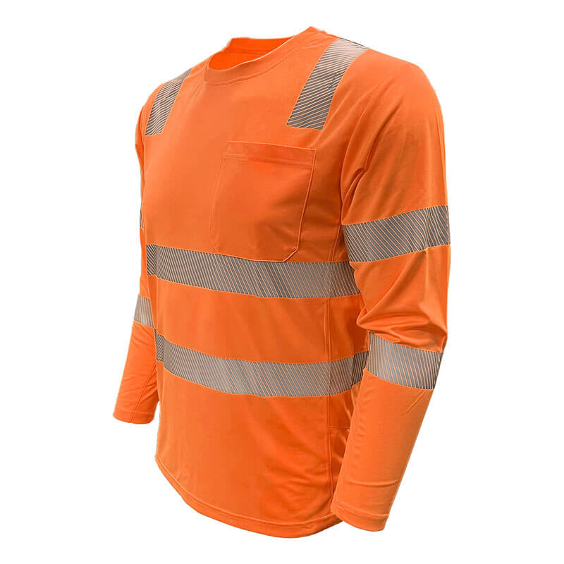 The PIP EcoChill Long Sleeve T-Shirt with Coolmax 204CMPS offers ANSI Type R Class 3 compliance in bright orange, features reflective silver stripes, UPF 50+ protection, and a left chest pocket.