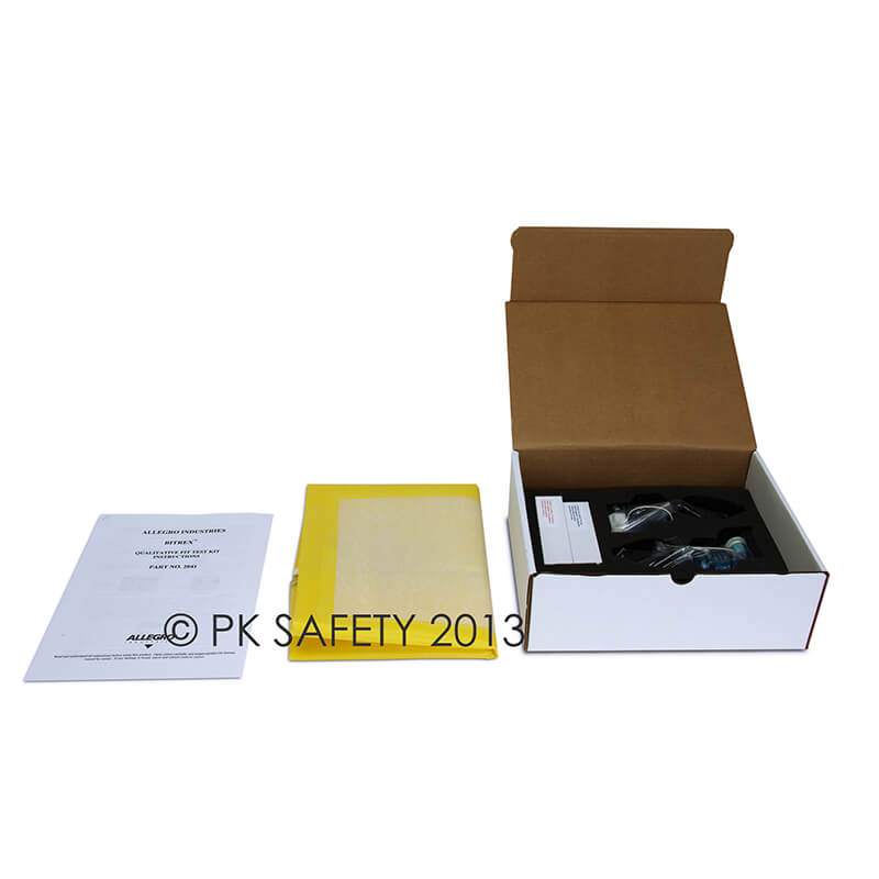 Open Allegro Bitrex Respirator Fit Test Kit 2041 box, showing contents for OSHA-compliant fit testing by Allegro, next to a yellow folder and white manual on a white background. Image labeled “© PK SAFETY 2013.”.