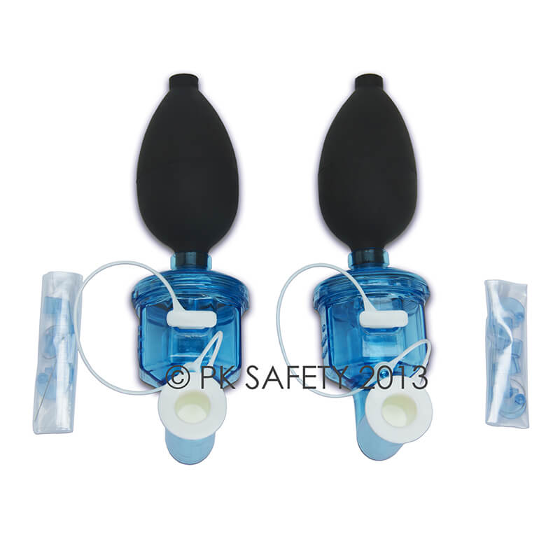 The Allegro Bitrex Respirator Fit Test Kit 2041 by Allegro includes two blue and black masks with air bulbs and white mouthpieces, each in a clear case with accessories—ideal for OSHA fit testing or for use with NIOSH-approved respirators.