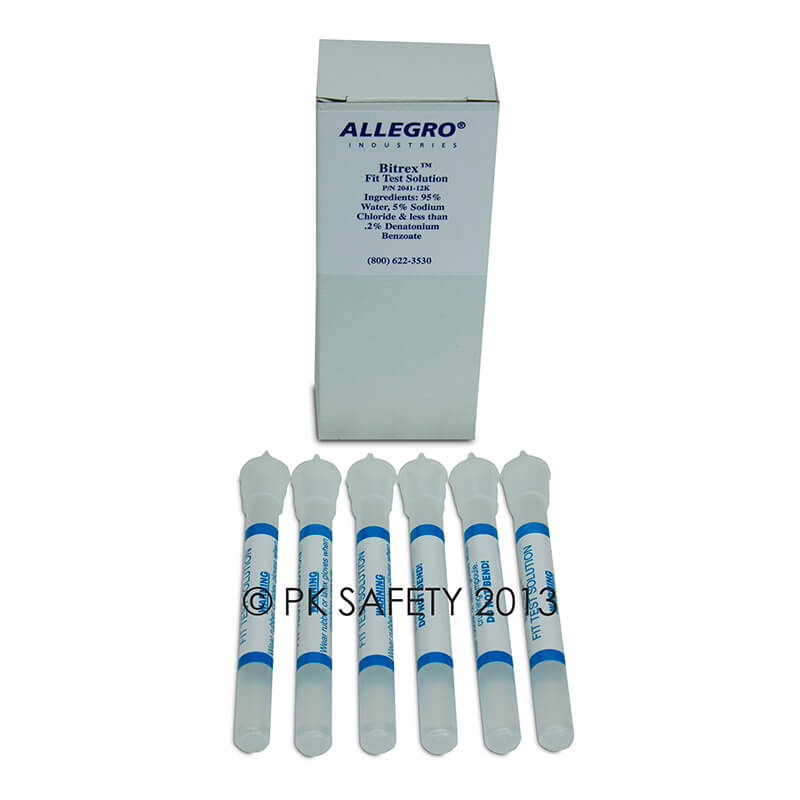 Six blue and white vials are displayed before an Allegro box labeled "Bitrex Fit Test Solution," part of the OSHA-compliant Allegro Bitrex Respirator Fit Test Kit 2041 for NIOSH respirators.