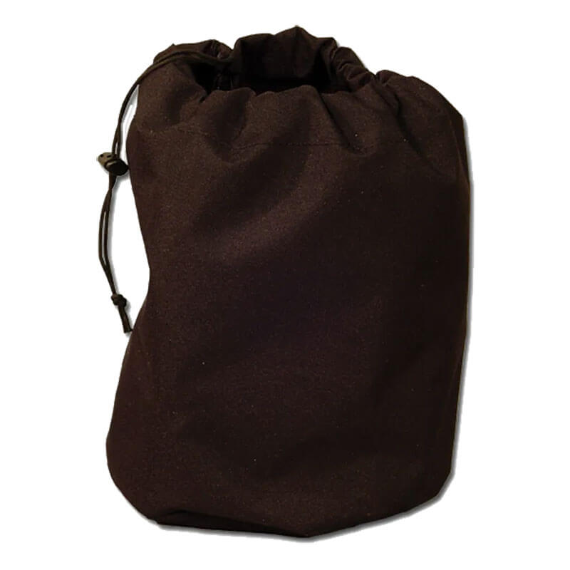 The French Creek Production Drawstring Carry Bag 208, in black with a gathered top and cord lock, is perfect for storing safety equipment or tools and is shown standing upright against a white background.