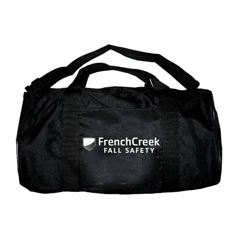 The French Creek Carry Bag 208Z by French Creek Production is a black duffel with two handles, made for Safety Tools, and features the FrenchCreek Fall Safety logo and white text on the side pocket.