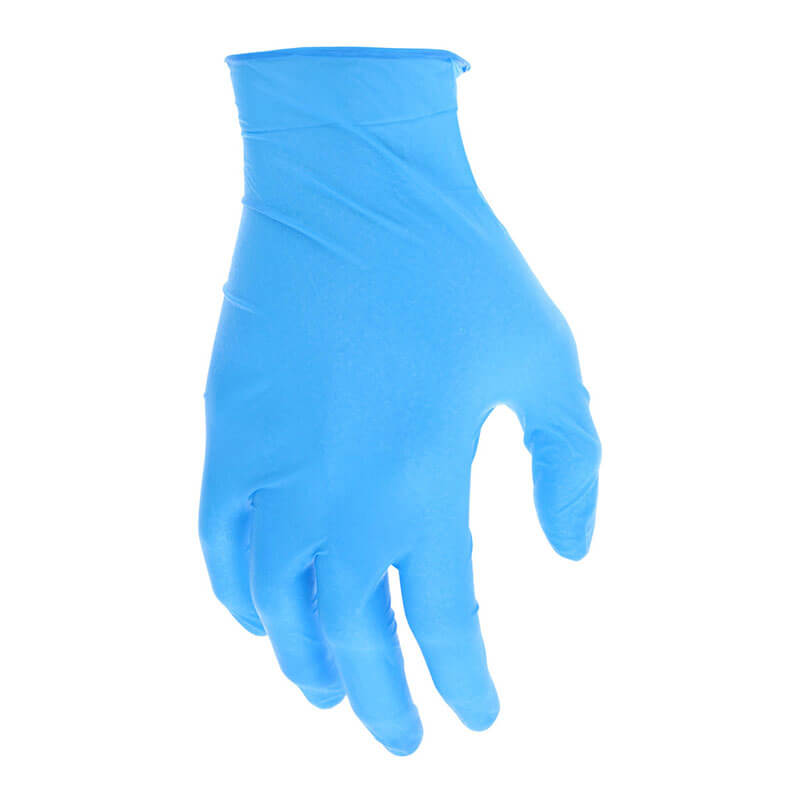 A hand wears a blue MCR Safety Memphis Nitrishield Powder Free Disposable Glove 6015, fingers relaxed, with a plain white background.