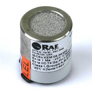 The cylindrical RAE Combustible Catalytic Bead Sensor (LEL) C03-0911-000 by PK Safety Supply features a mesh top and text on the side displaying certifications and temperature specifications. It has a white body with an orange "LEL" label. Designed for industrial applications, this sensor is compatible with MultiRAE models.