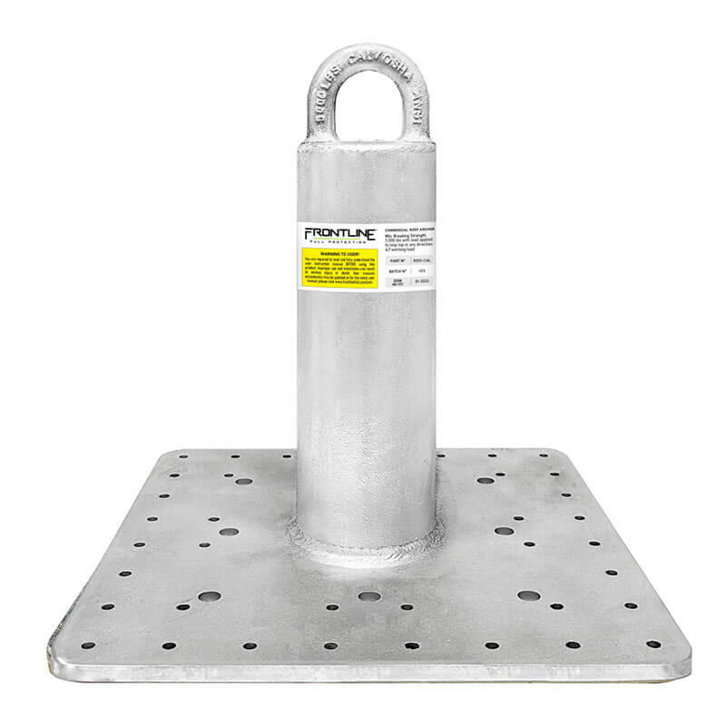 The Frontline Fall Protection Commercial Roof Anchor features a square metal base with multiple holes, a cylindrical post with a top handle, and a labeled design. It is CAL-OSHA compliant for roof safety and fall arrest applications.