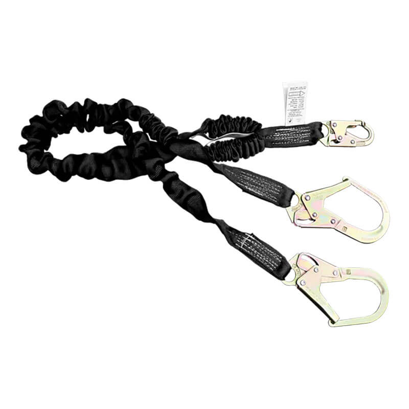 The French Creek Production STRATOS Dual Elastic Tubular Shock Absorbing Lanyard features double elastic straps and two large silver safety hooks, offering reliable fall protection for construction or industrial use.