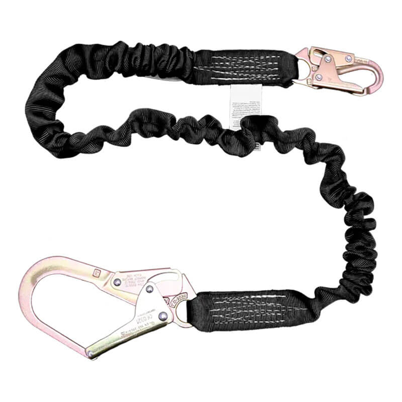 The French Creek Stratos 6' Elastic Tubular Shock Absorbing Lanyard by French Creek Production features metal hooks at both ends and provides reliable fall protection for construction or climbing, ensuring enhanced worker safety.