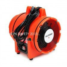 The Allegro 8" Com-PAX-ial Plastic Blower, featuring a vibrant orange hue and a neatly wrapped black cord, is perfect for ducting in confined spaces. The brand name "Allegro" is prominently displayed on the white center of the unit. Its durable plastic casing contrasts against a white background, highlighting its dependability as part of an effective blower system.
