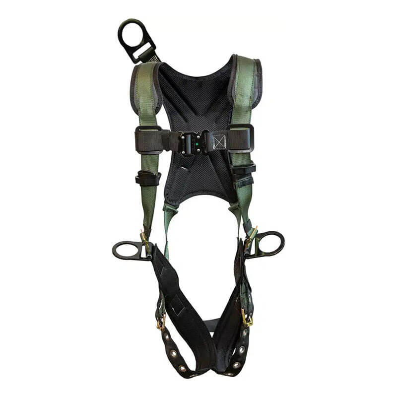 The French Creek Production STRATOS Harness w/Hip D-Rings, D-Ring Ext, and Tongue 226509B is a black and green full body harness with adjustable straps for secure fall protection, shown against a white background.