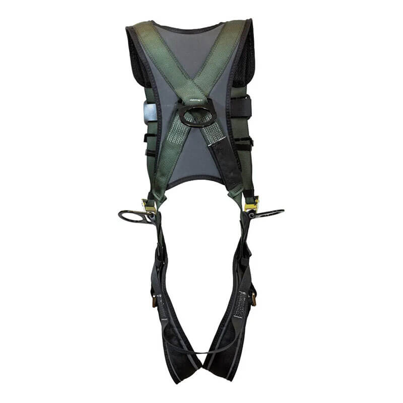 The French Creek STRATOS Harness with Hip D-Rings, Tongue 22650B by French Creek Production features padded shoulder straps, adjustable buckles, and a central metal ring for fall protection in construction or industrial settings.