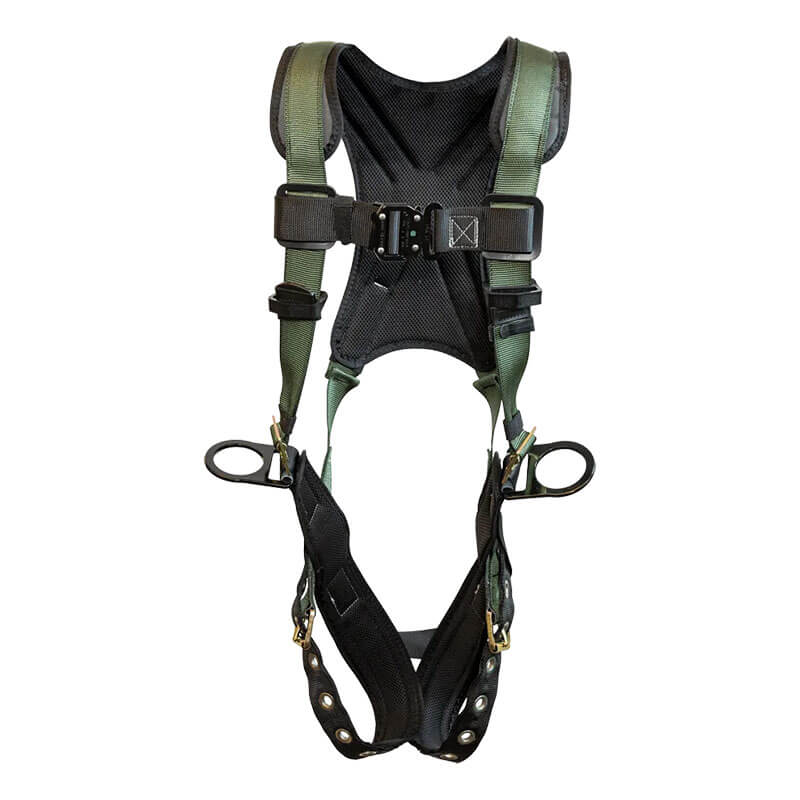 The French Creek Production STRATOS Harness with Hip D-Rings, Tongue 22650B offers superior fall protection with padded shoulder straps, adjustable buckles, and secure metal rings for climbing or working at heights.