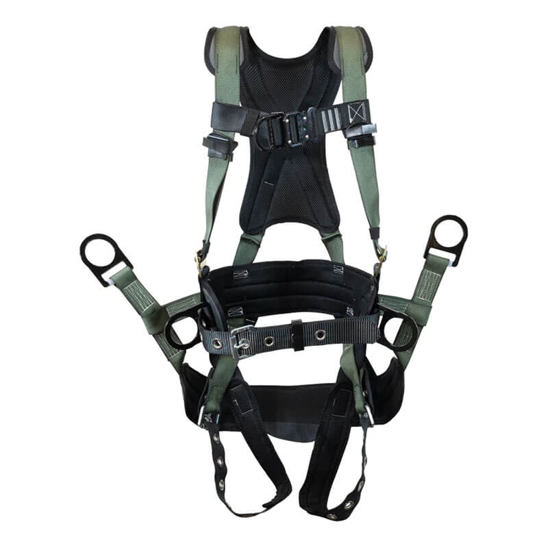 The French Creek Production Stratos Series Harness 22850BH-ALT offers padded shoulder straps, metal rings, adjustable buckles, and waist support for fall protection in construction or industrial applications.