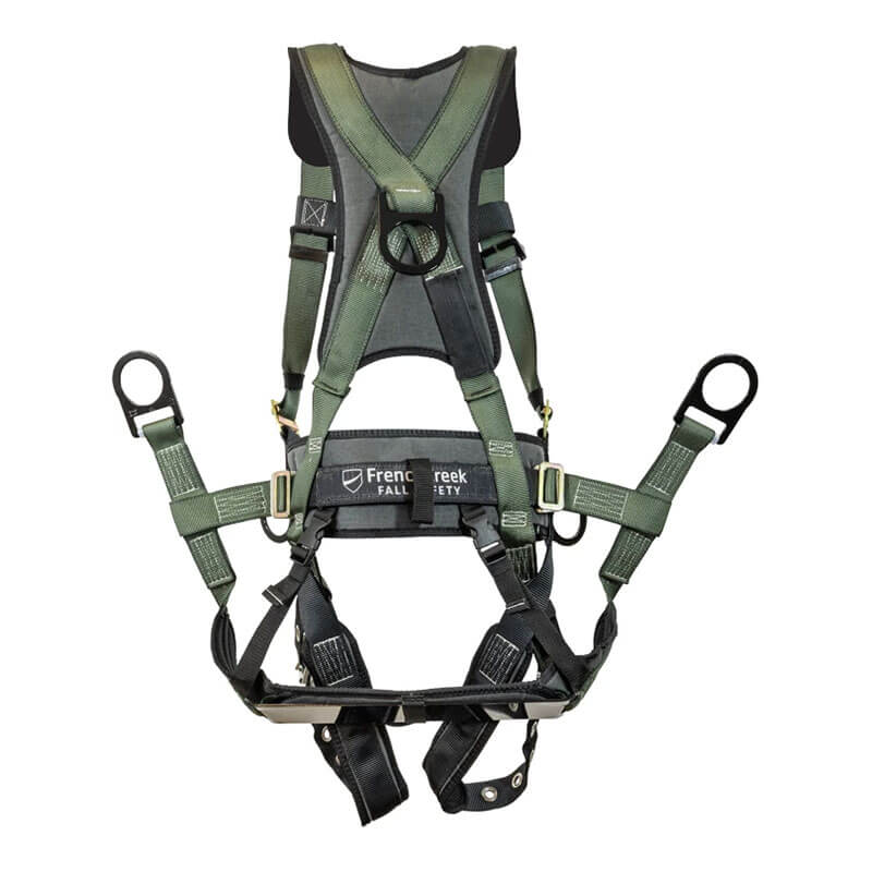 The French Creek Production Stratos Series Harness 22850BH-ALT provides adjustable green and black straps, metal D-rings, and padding for reliable fall protection in construction or industrial environments.