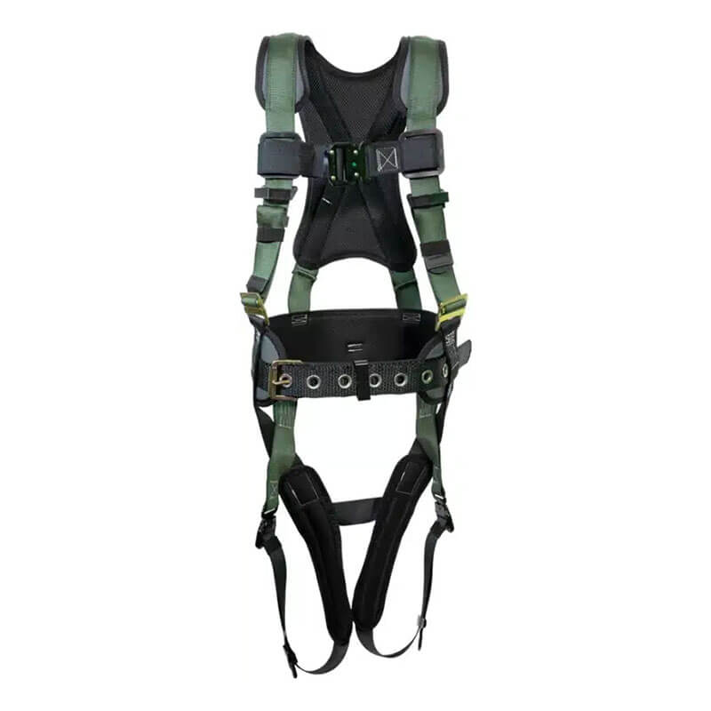 The French Creek Production STRATOS 6 Pt Harness, Bayonet 22870, features green and black coloring, multiple adjustable straps, padded shoulders and legs, metal rings, and a waist belt for secure fall protection or climbing.
