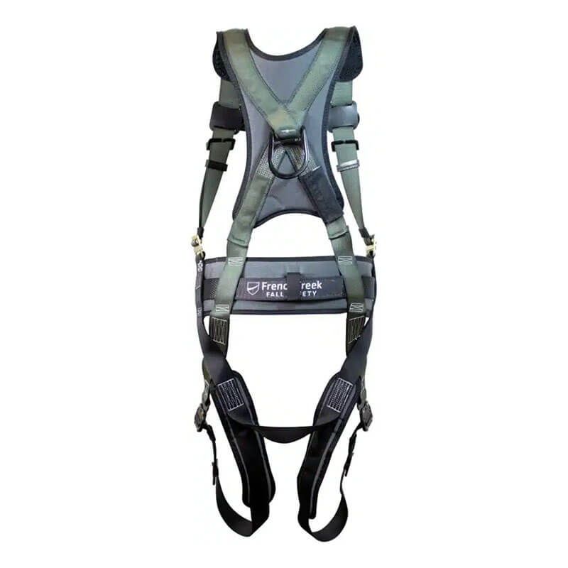 A French Creek STRATOS 6 Pt Harness, Bayonet 22870 by French Creek Production, in black and gray with adjustable straps and buckles for fall protection, is shown against a white background. The harness is labeled "French Creek Fall Safety.